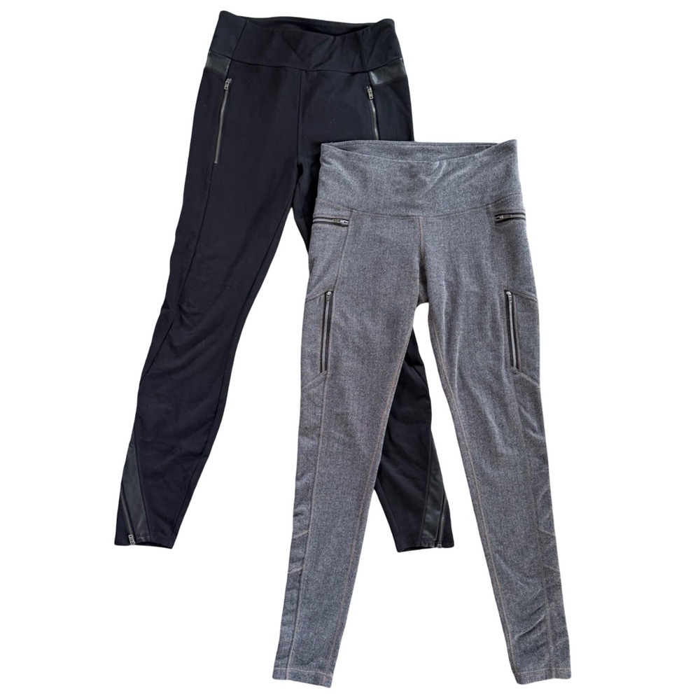 Athleta Lot of 2 Leggings Womens Small Moto Zip Pocket Black Gray Herringbone